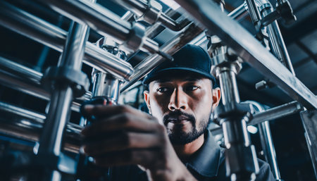 A focused worker meticulously inspects industrial pipes, ensuring quality and safety in a complex industrial setting. His expertise is evident in his focused gaze.の素材