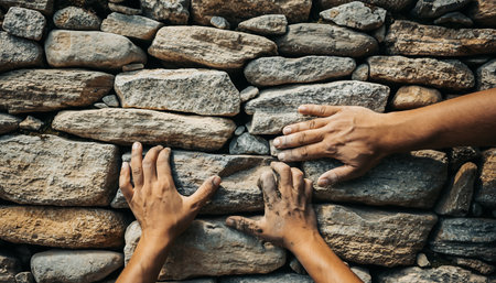 Two hands reaching towards each other on a stone wall, symbolizing connection, support, and overcoming obstacles with teamwork and determination.の素材