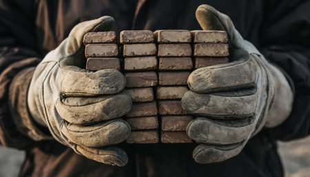 Close-up of gloved hands holding a stack of bricks, symbolizing construction, labor, and building materials. Focus on texture and detail.の素材