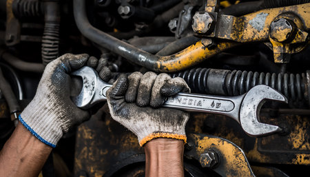 Close-up of a mechanics hands using a wrench to repair an engine in a workshop, showcasing industrial maintenance and skilled labor.の素材