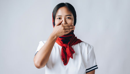 A young Asian woman wearing a hijab and a red scarf is covering her mouth with her hand, looking directly at the camera.の素材