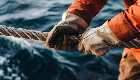 Close-up of hands in gloves gripping a thick rope on a boat, with the sea visible in the background.の素材