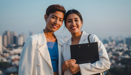 Two smiling businesswomen in white blazers stand on a rooftop overlooking the city, holding a clipboard and looking at the camera.の素材