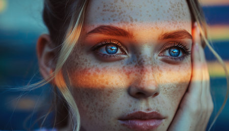 Close-up portrait of a beautiful woman with freckles and striking blue eyes, lost in thought with a hand near her face.の素材