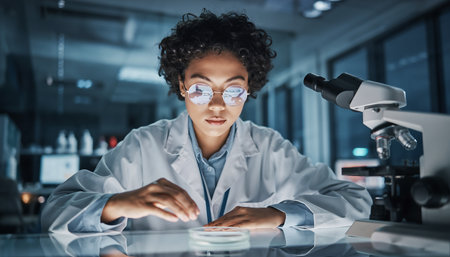 A focused scientist in a lab coat examines a sample under bright light, with a microscope nearby, highlighting scientific research and analysis.の素材