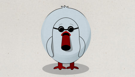 A cartoon bird character with round white body, wearing glasses and featuring a prominent red beak, standing on red feet.の素材
