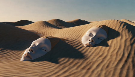 A surreal and thought-provoking image featuring two human faces partially buried in the rippled sand dunes of a vast desert landscape under a clear sky.の素材