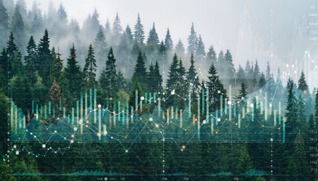 A forest landscape overlaid with data visualizations, representing the intersection of nature, technology, and environmental analysis for sustainable insights.の素材