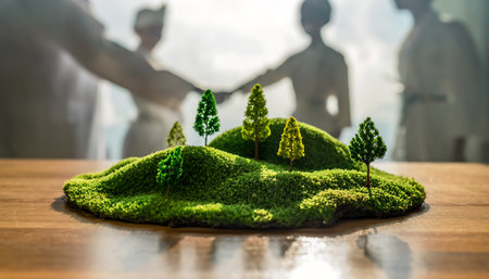 A miniature landscape with trees symbolizes environmental sustainability, set against a backdrop of a handshake silhouette, representing a business partnership committed to green initiatives.の素材