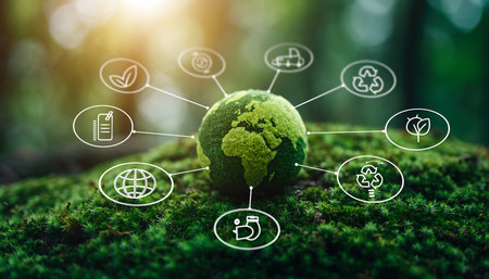 A green globe surrounded by environmental icons, symbolizing sustainability and eco-friendly practices for a healthier planet.の素材