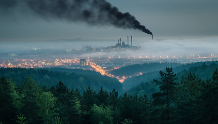 A city skyline shrouded in fog, dominated by a factory emitting dark smoke, highlighting the impact of industry on the environment.の素材