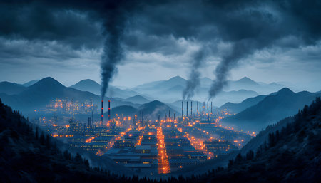 A stark depiction of industrial pollution, showcasing the detrimental impact on the environment with smoke billowing from factories in a mountainous region.の素材