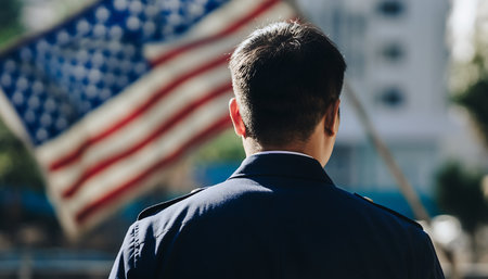 A soldier stands with respect before the American flag, symbolizing patriotism, duty, and honor in service to the nation.の素材