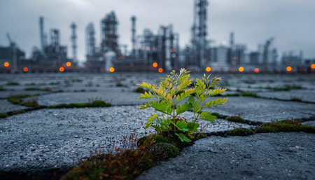 A young seedling emerges from cracked concrete, symbolizing resilience against the backdrop of a blurred industrial landscape, highlighting natures enduring strength.の素材