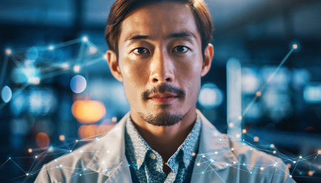 A determined Asian scientist in a lab coat stands against a blurred background, enhanced by a digital network overlay, symbolizing technological advancement.の素材