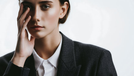 A woman in a suit thoughtfully poses with her hand near her face, set against a clean white background.の素材