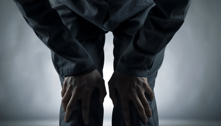 A person in dark clothing leans over with their hands resting on their knees, set against a blurred, dark background.の素材