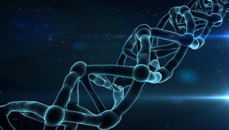 A detailed illustration of a DNA strand is set against a dark blue background, highlighting its complex structure.の素材