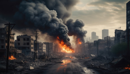 A city lies in ruins, engulfed in flames and smoke, depicting the aftermath of a catastrophic event. The scene is filled with destruction and despair.の素材