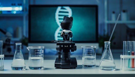 A laboratory scene featuring a microscope, beakers, test tubes, and a computer screen displaying a DNA double helix, symbolizing scientific research and discovery.の素材