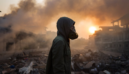 A lone figure wearing protective gear stands amidst the ruins of a destroyed city, with smoke and fire filling the sky, suggesting a post-apocalyptic scenario.の素材
