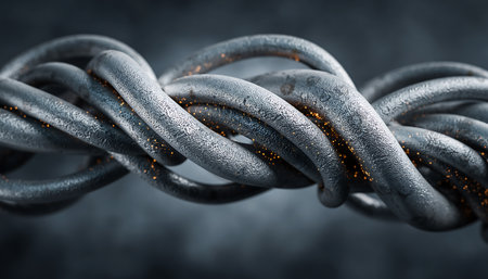 A detailed close-up shot of a twisted metal wire, showcasing rust and texture against a blurred background.の素材