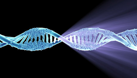 A detailed 3D rendering of a DNA double helix, illuminated by light rays against a black backdrop, symbolizing genetics and biotechnology.の素材