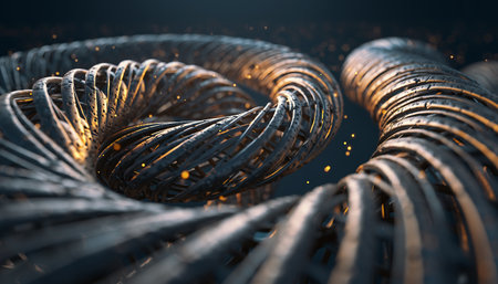 A close-up abstract image showcasing a metallic coil, emphasizing texture, form, and the interplay of light and shadow.の素材