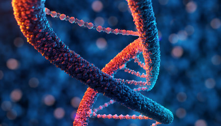 A detailed visualization of a DNA double helix structure, showcasing its complex and intricate design with vibrant colors and a focus on scientific accuracy.の素材