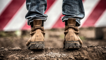 A construction worker stands on a construction site with his work boots on, ready to work.の素材