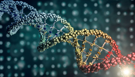A detailed 3D rendering of a DNA double helix, showcasing its intricate structure and the genetic information it holds. Science and technology concept.の素材