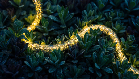 A beam of golden light shines across a patch of succulent plants, creating a striking contrast between light and shadow in the garden.の素材