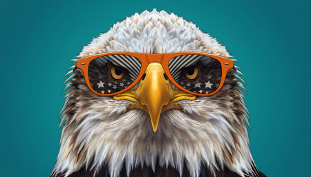 A close-up portrait of a bald eagle wearing orange sunglasses with a star and stripe reflection, set against a teal background. A humorous and patriotic image.の素材