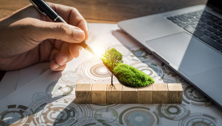 A hand writing on a paper with a small tree, representing sustainable growth, next to a laptop, symbolizing technologys role in environmental planning.の素材