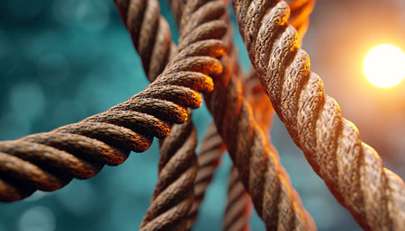 A detailed close-up of intertwined ropes, showcasing their texture and the concept of strength through connection. The image highlights the beauty of industrial materials.の素材