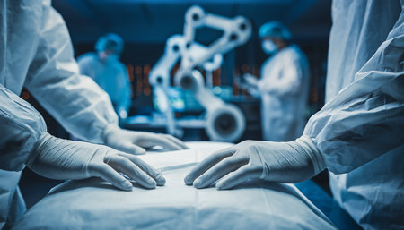 A team of surgeons performing a delicate operation with advanced medical equipment in a modern operating room, showcasing precision and expertise in healthcare.の素材