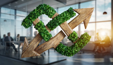 Conceptual image representing sustainable growth with a wooden arrow covered in green foliage, symbolizing environmental responsibility and business success in a modern office setting.の素材