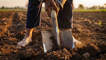 A barefoot farmer is tilling the soil with a shovel at sunset, preparing the land for planting in a rural agricultural setting.の素材