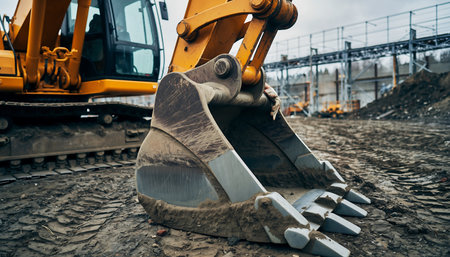 A detailed close-up of an excavator bucket at a construction site, showcasing the tracks and machinery in an industrial setting.の素材