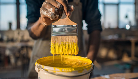 A focused close-up shot of an artist dipping a paintbrush into a bucket of vibrant yellow paint, ready for creative work.の素材