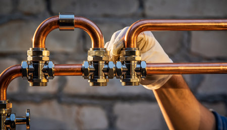 Detailed view of copper pipes and fittings, showcasing plumbing work and connections. Ideal for illustrating construction, maintenance, and industrial themes.の素材