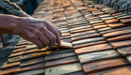 Close-up of a craftsmans hands carefully laying wooden shingles on a roof, showcasing traditional building techniques and attention to detail.の素材