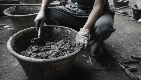 A craftsman is shown mixing clay in a bucket, preparing it for use in pottery making. The image highlights the hands-on process of crafting.の素材