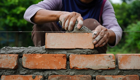 A skilled bricklayer meticulously lays bricks, ensuring a strong and durable wall with precision and expertise in construction.の素材