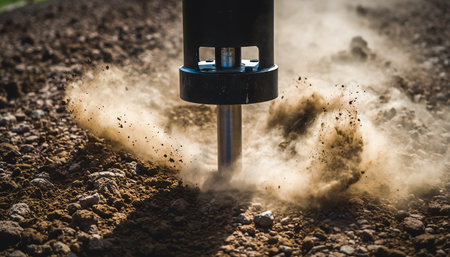 A close-up shot of a jackhammer breaking ground, with dust and debris flying around the drill bit, showcasing construction work.の素材