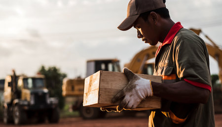 A focused construction worker is carrying wooden planks on a construction site with heavy machinery in the background, showcasing hard work and dedication.の素材