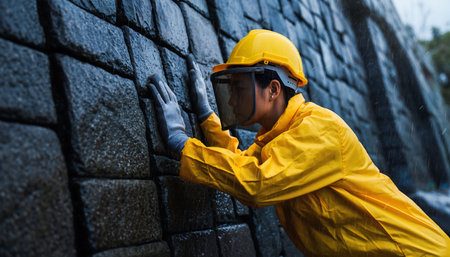 A diligent inspector in a yellow raincoat and hardhat meticulously examines a stone wall, ensuring its structural integrity and safety.の素材