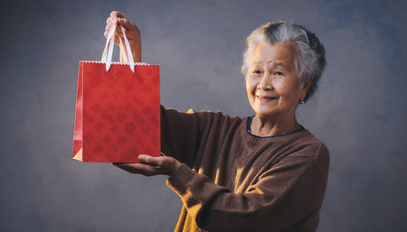 A cheerful senior woman with gray hair smiles while holding up a bright red gift bag, showcasing a moment of happiness and generosity.の素材