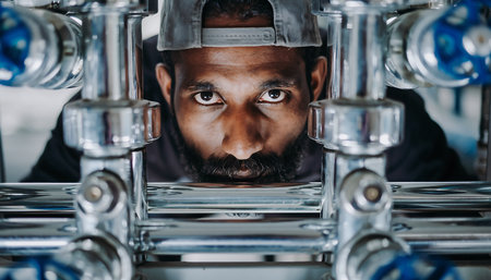 A man with a focused gaze peers through a symmetrical arrangement of chrome pipes, creating a striking and industrial portrait.の素材