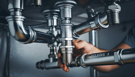 Close-up of a plumber inspecting a complex plumbing system, focusing on connections and ensuring leak-free performance for optimal maintenance.の素材